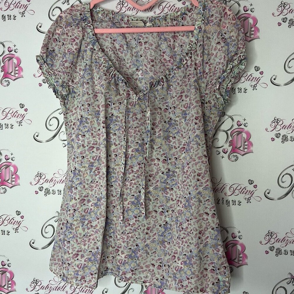 espirit top tshirt cheetah animal floral tie up ribbon bow ruffle frill trim